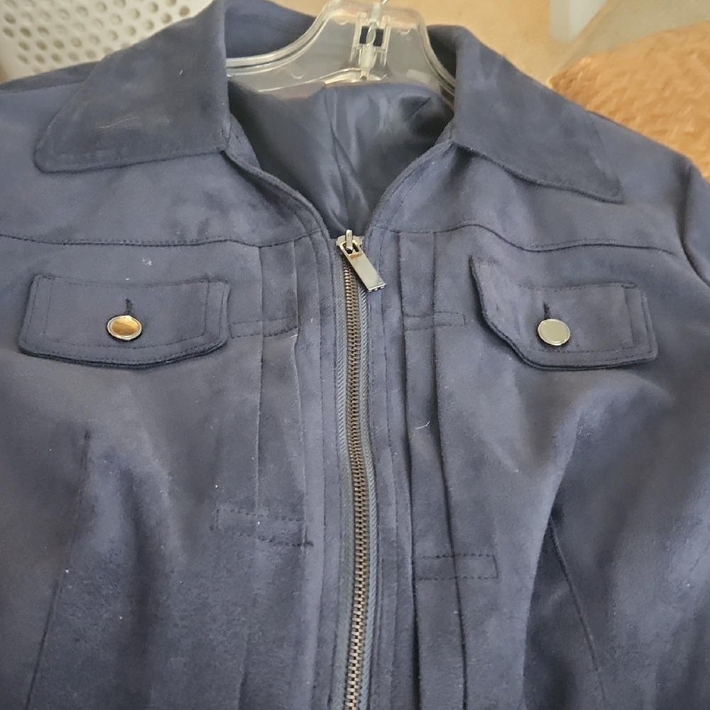 Navy Blue Suede Jacket. Says L but it fits more like MEDIUM
